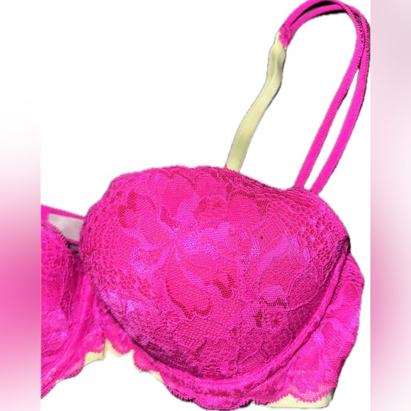 Victoria’s Secret PINK Bright Pink/Yellow Lace Strappy Push Up Bra - Picture 2 of 4